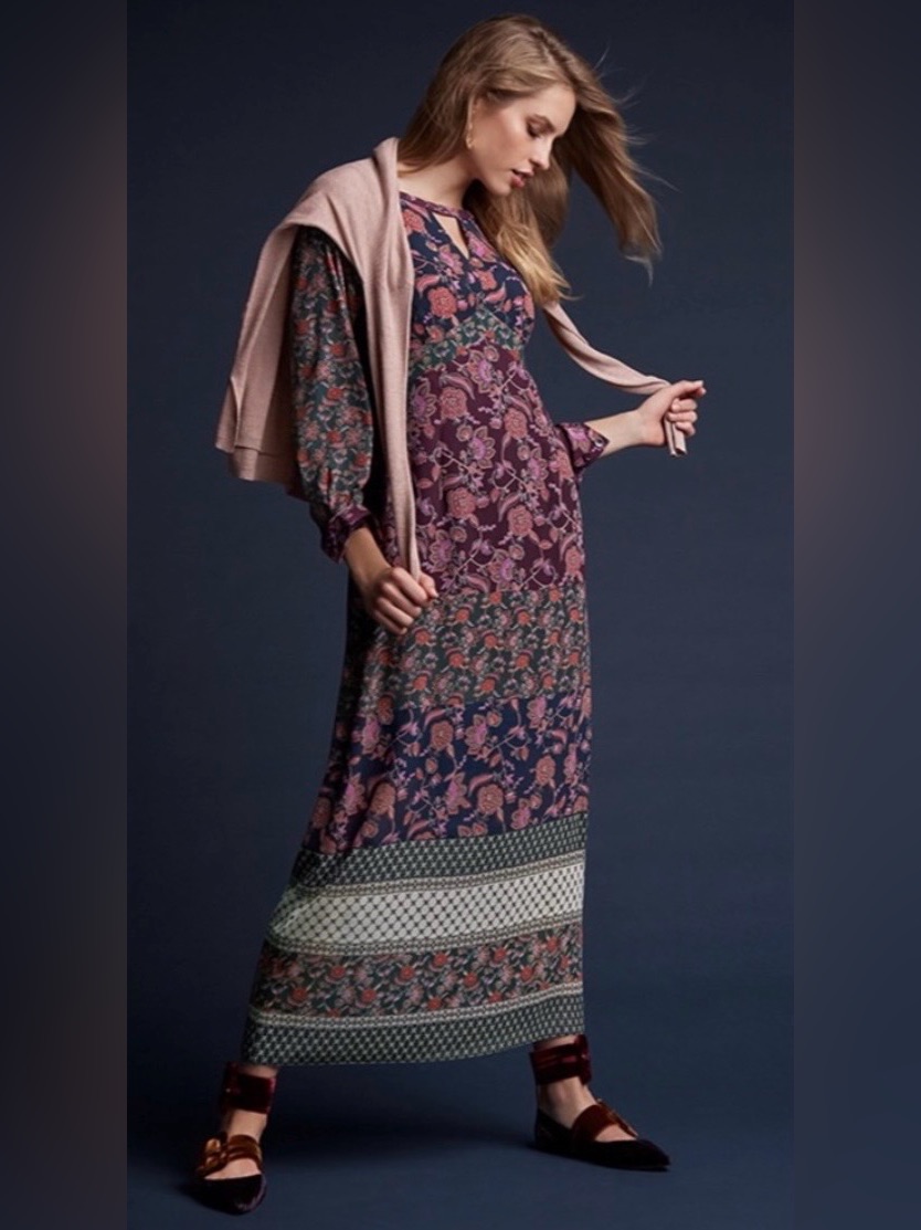 Nwot Cabi Festive Floral Maxi Keyhole Boho Dress In Burgundy Green Style #3675